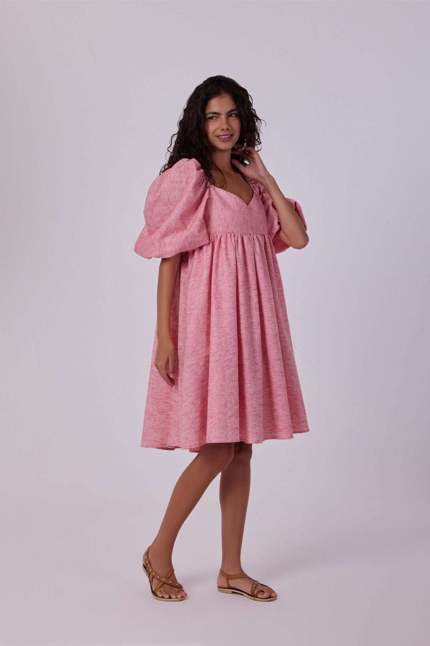 Layla Pink Linen Puff Dress