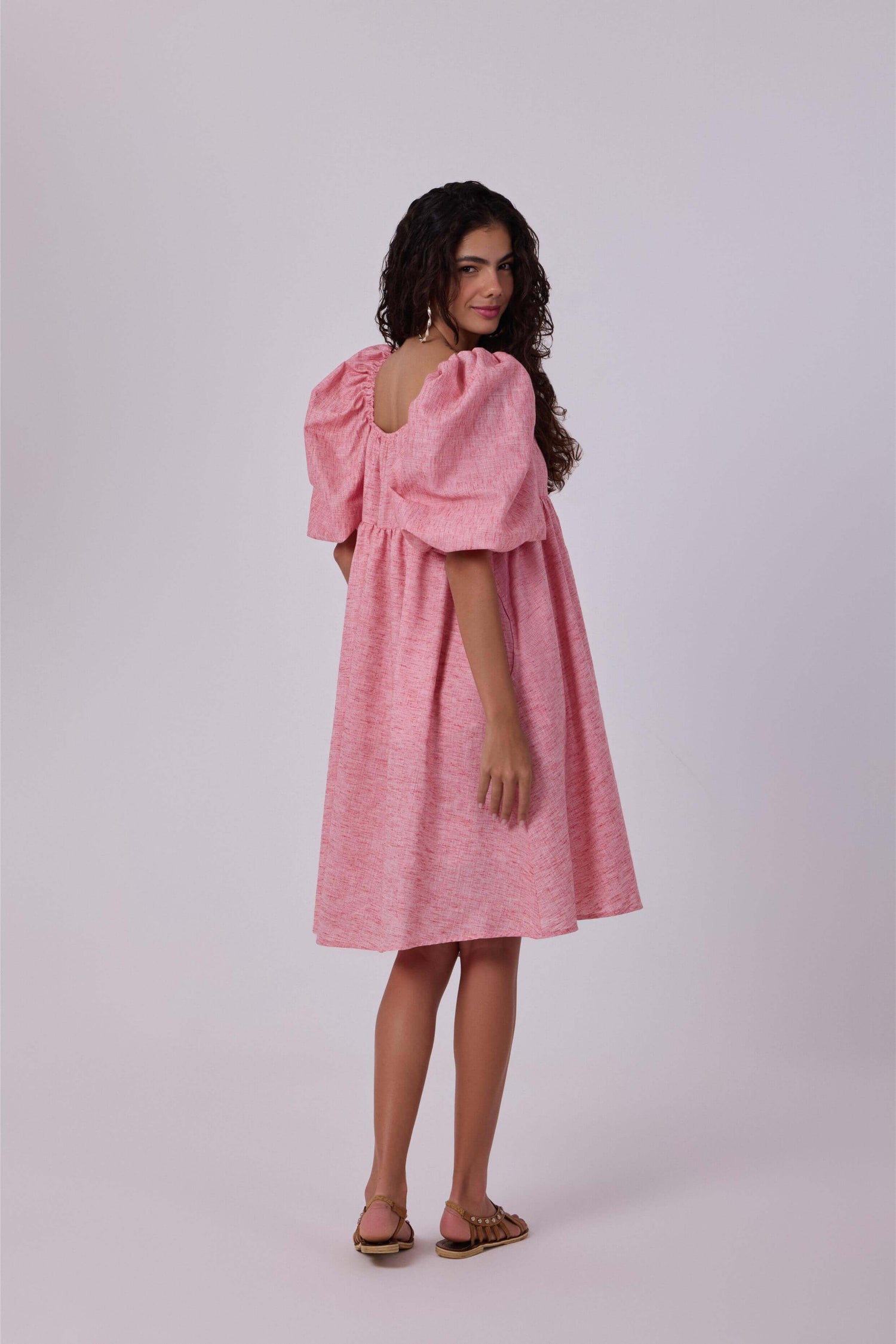 Layla Pink Linen Puff Dress