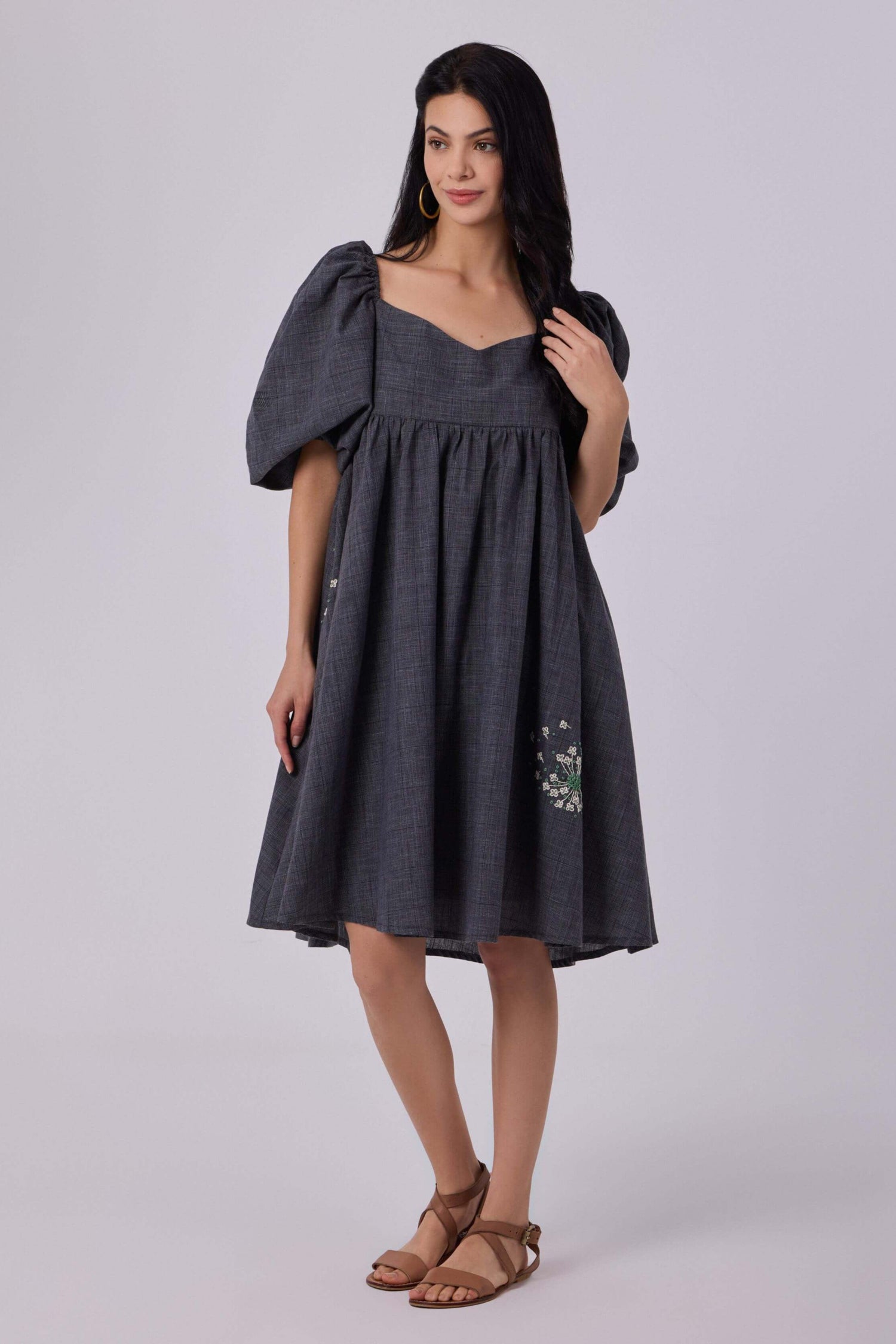 Layla Charcoal Cotton Puff Dress With Handmade Embroidery