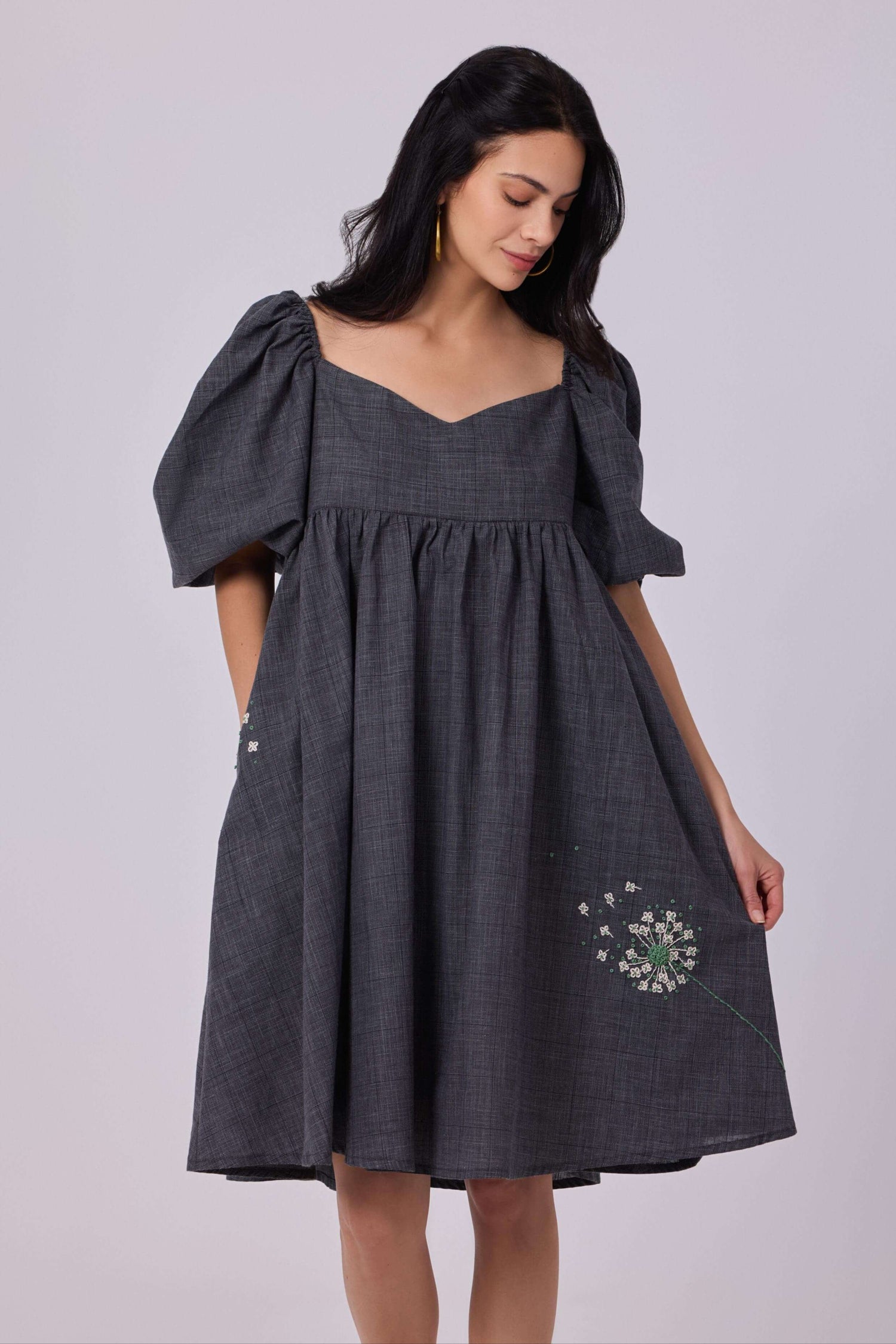 Layla Charcoal Cotton Puff Dress With Handmade Embroidery