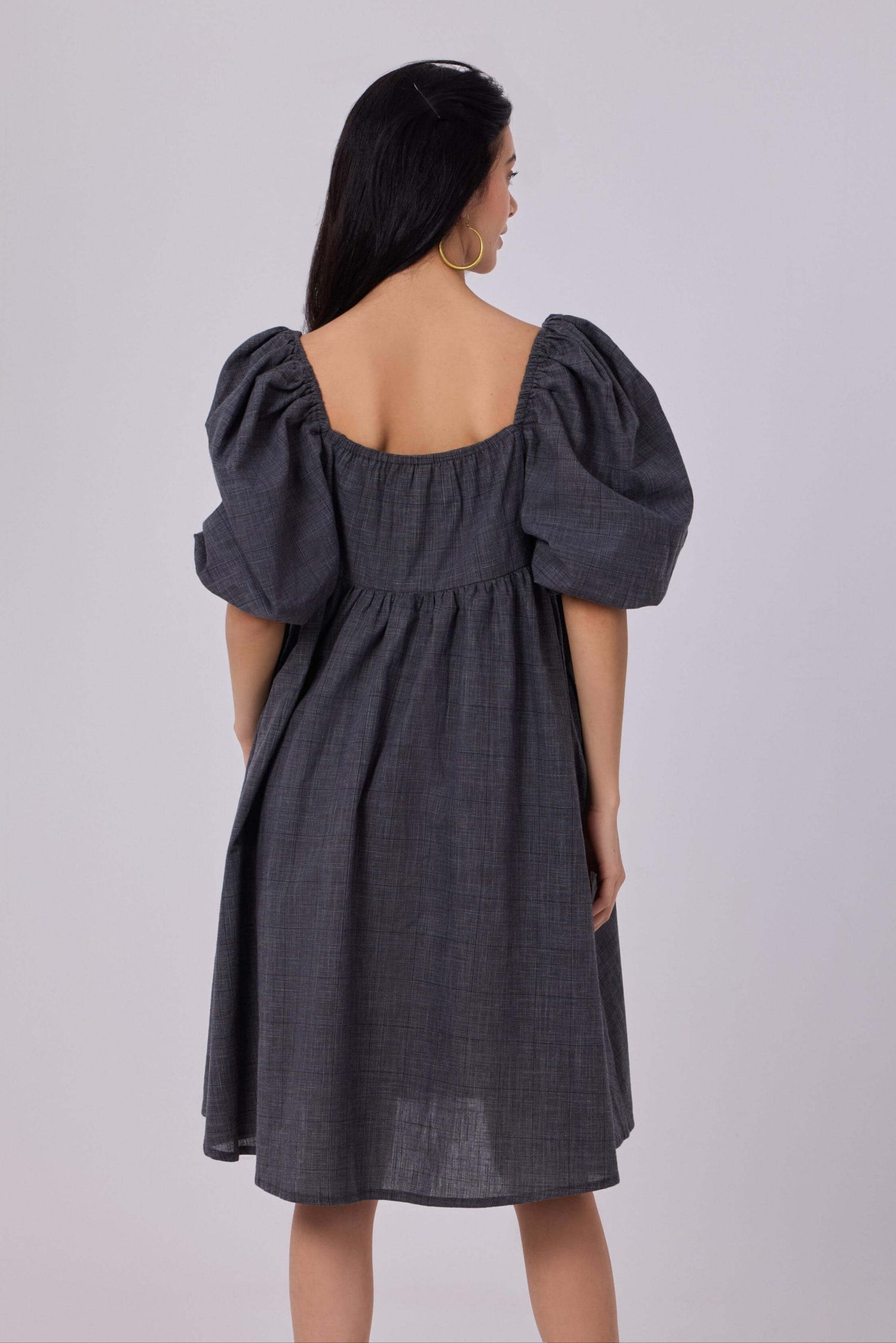 Layla Charcoal Cotton Puff Dress With Handmade Embroidery