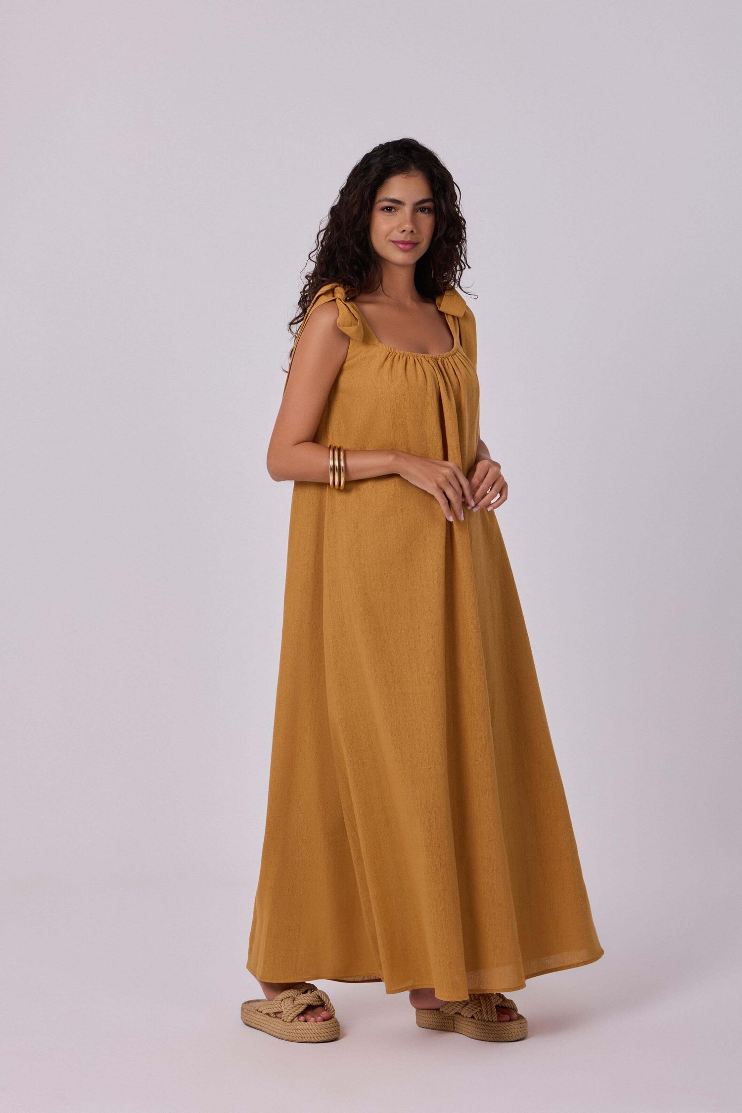 Nadia Mustard Linen Maxi Dress