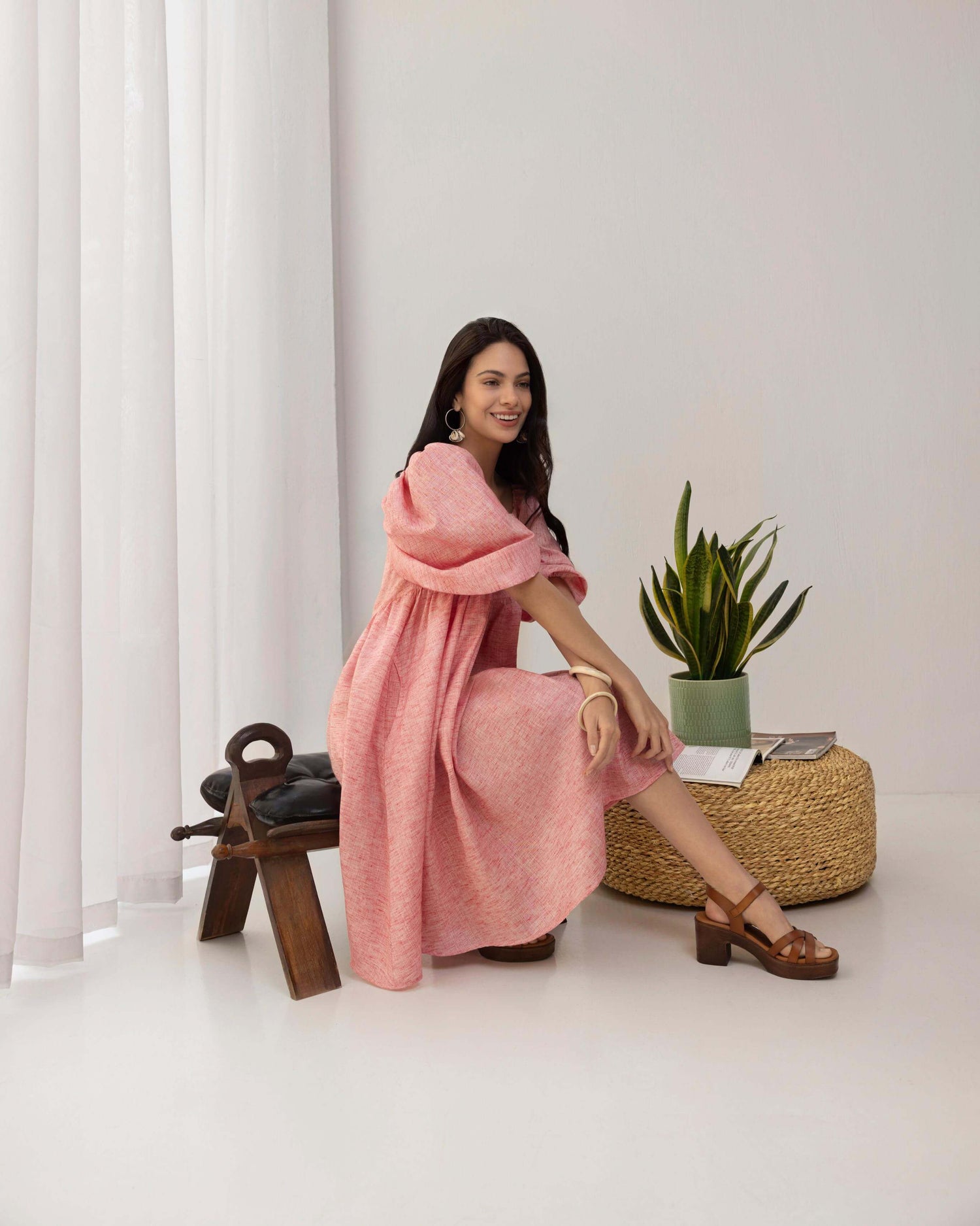 Layla Pink Linen Puff Dress