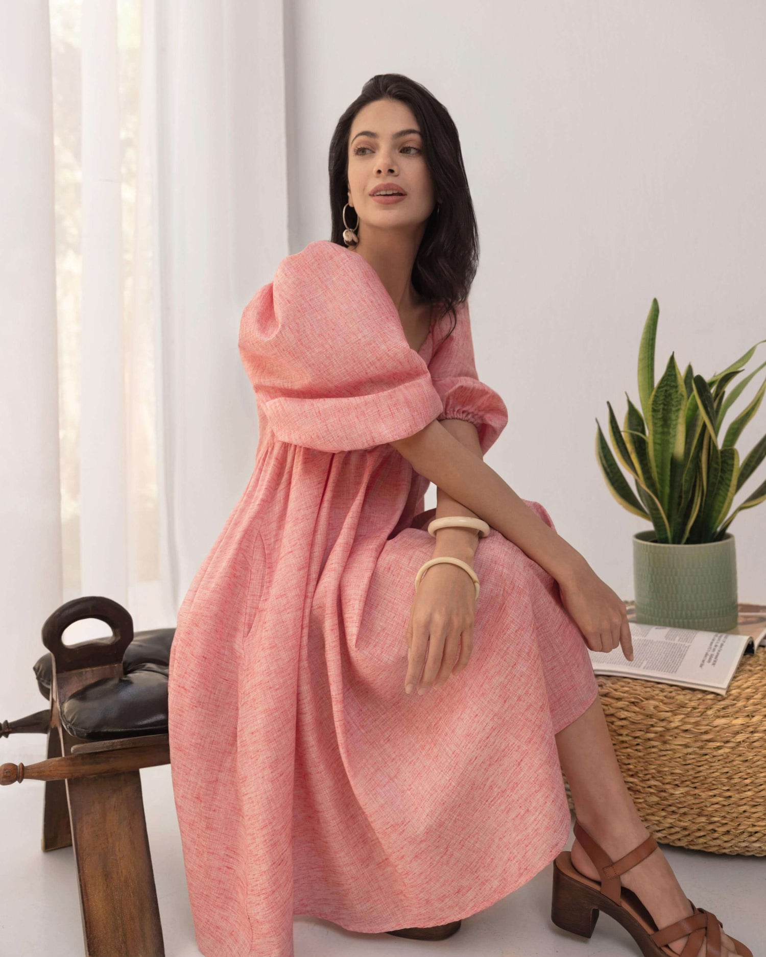 Layla Pink Linen Puff Dress