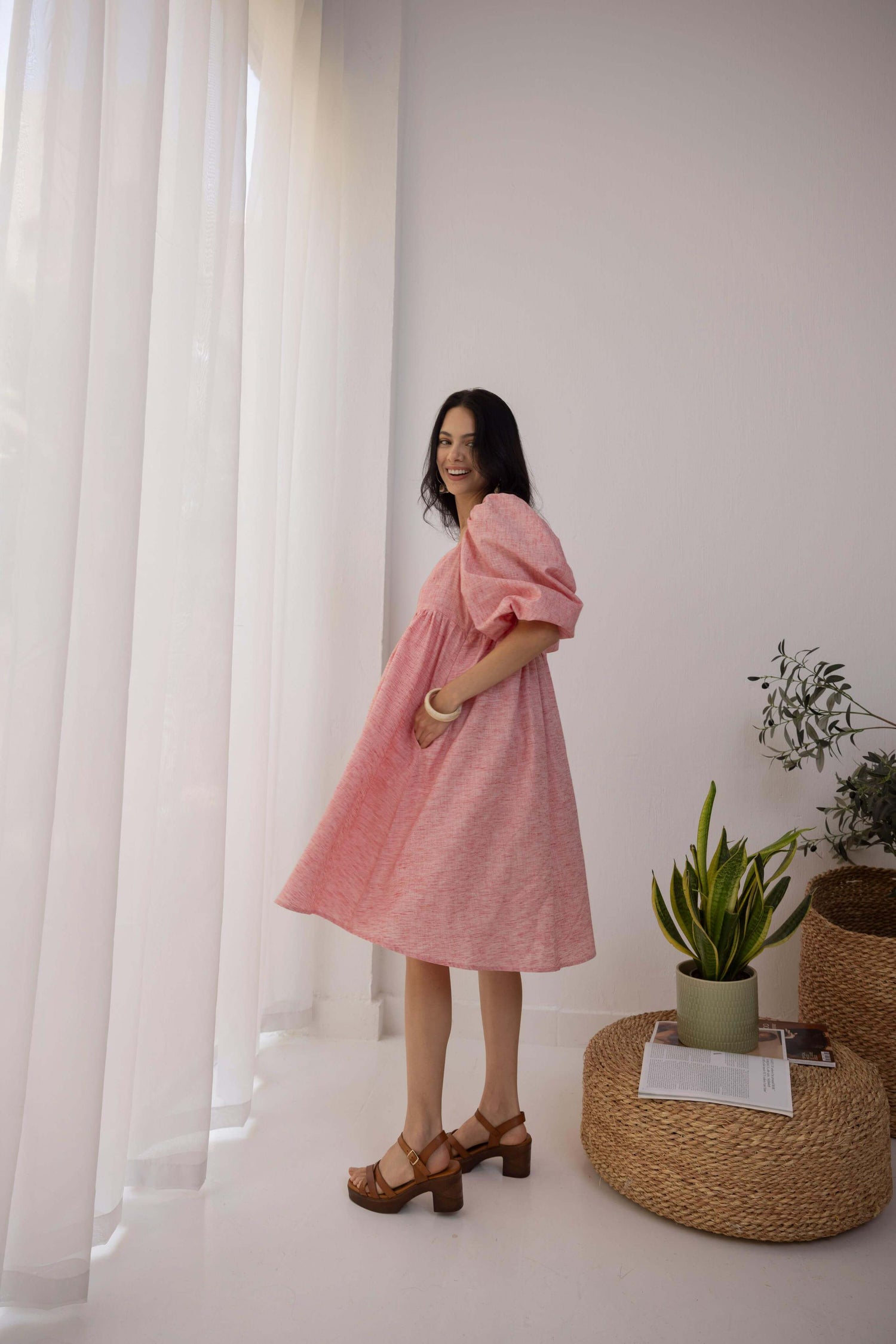 Layla Pink Linen Puff Dress