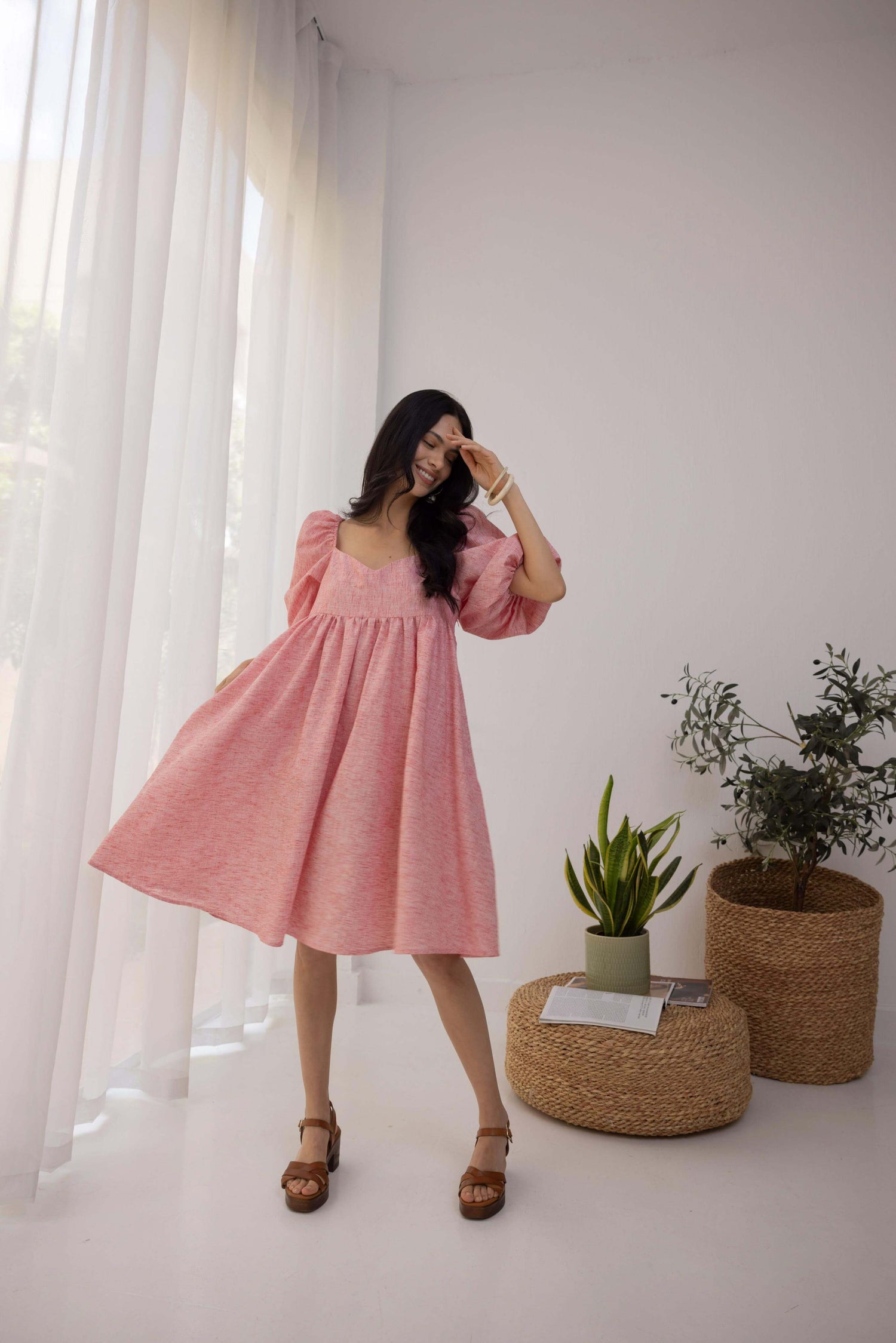 Layla Pink Linen Puff Dress
