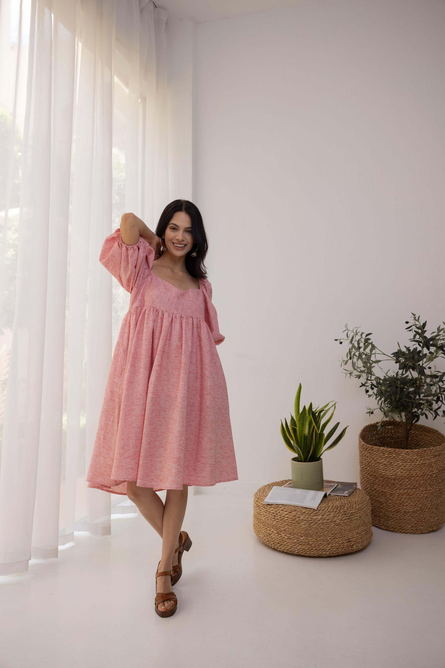 Layla Pink Linen Puff Dress