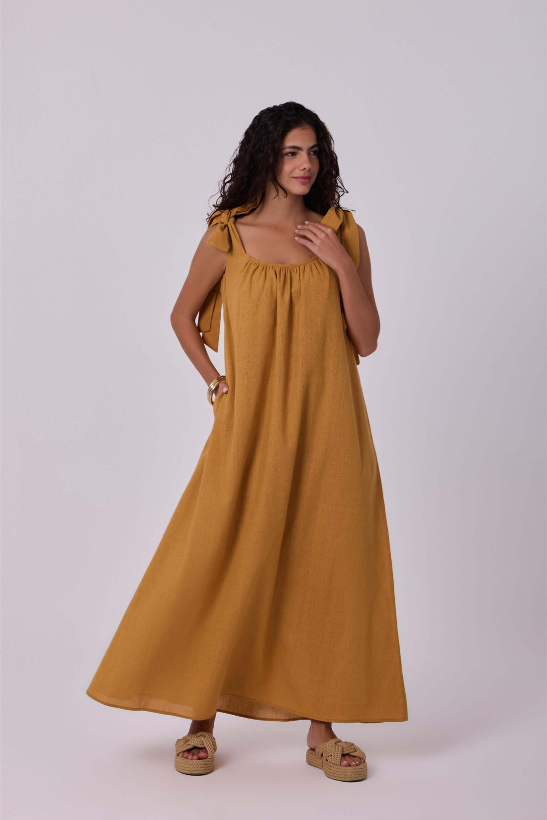 Nadia Mustard Linen Maxi Dress