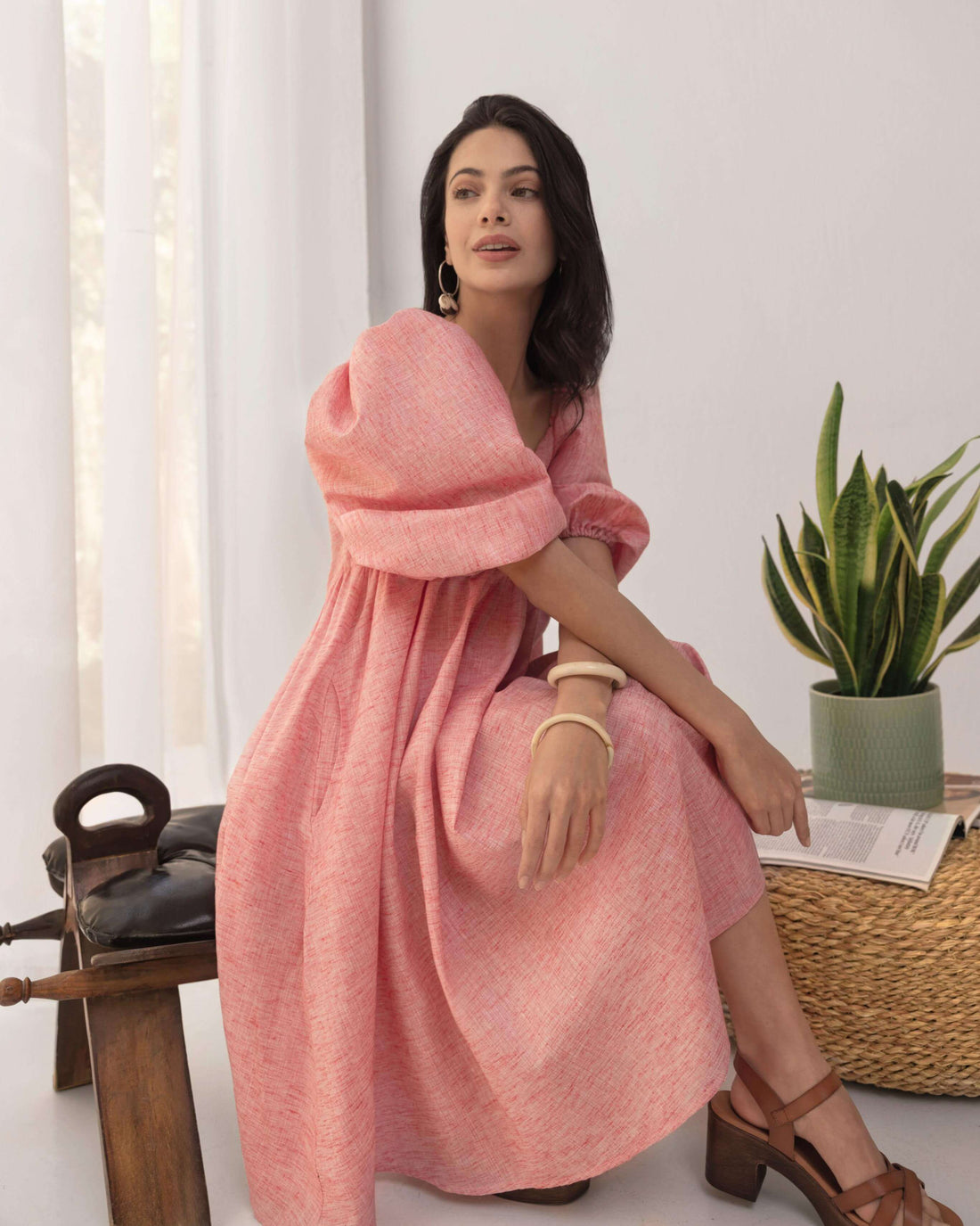 Layla Pink Linen Puff Dress