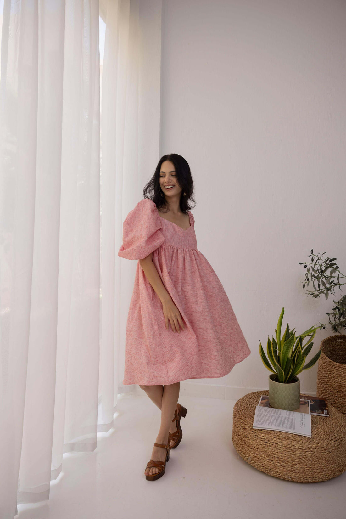 Layla Pink Linen Puff Dress