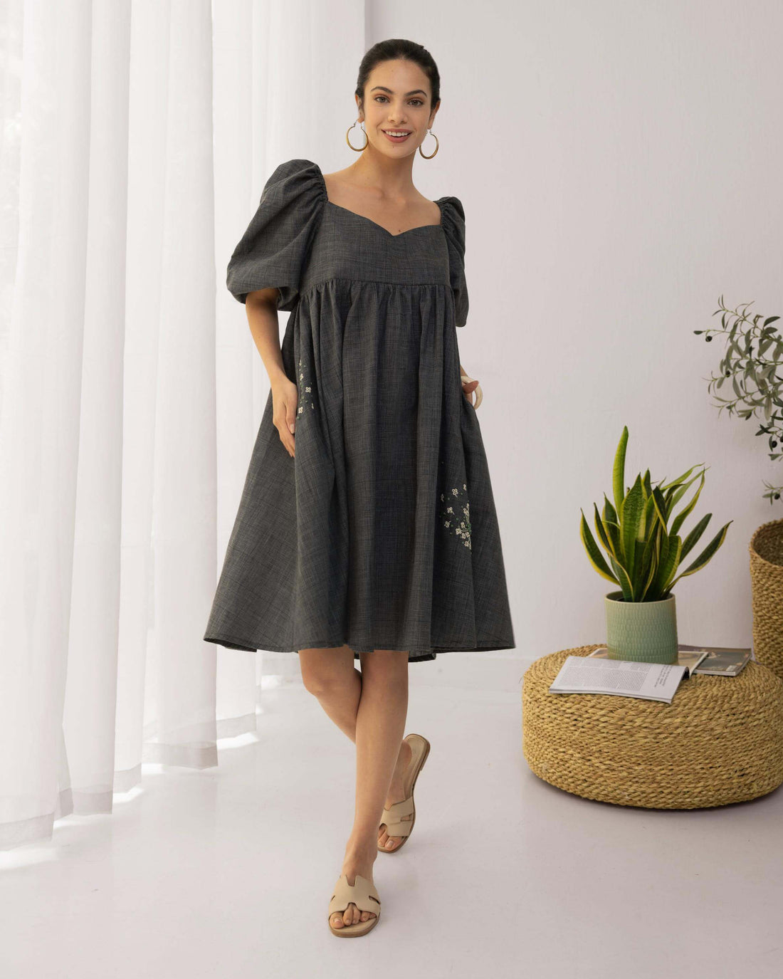 Layla Charcoal Cotton Puff Dress With Handmade Embroidery