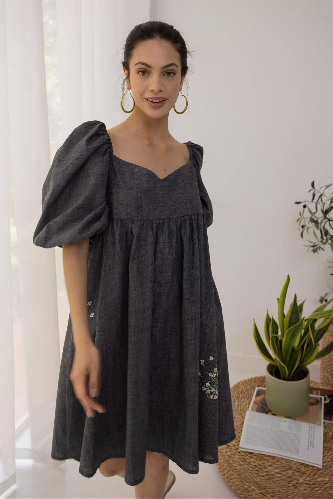 Layla Charcoal Cotton Puff Dress With Handmade Embroidery