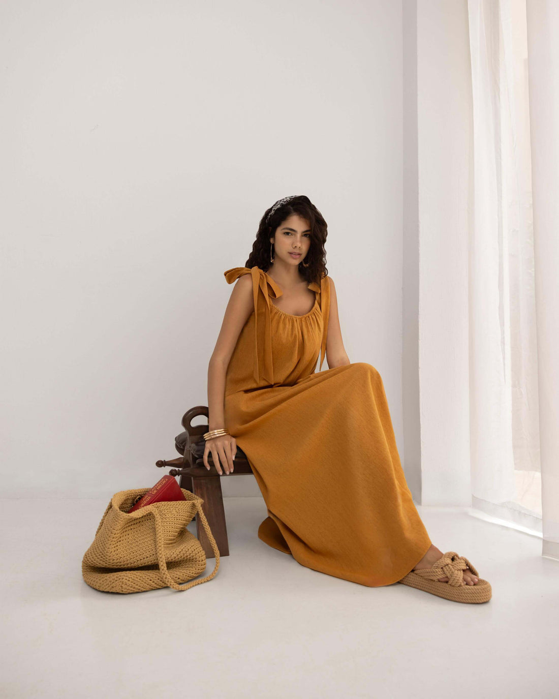 Nadia Mustard Linen Maxi Dress
